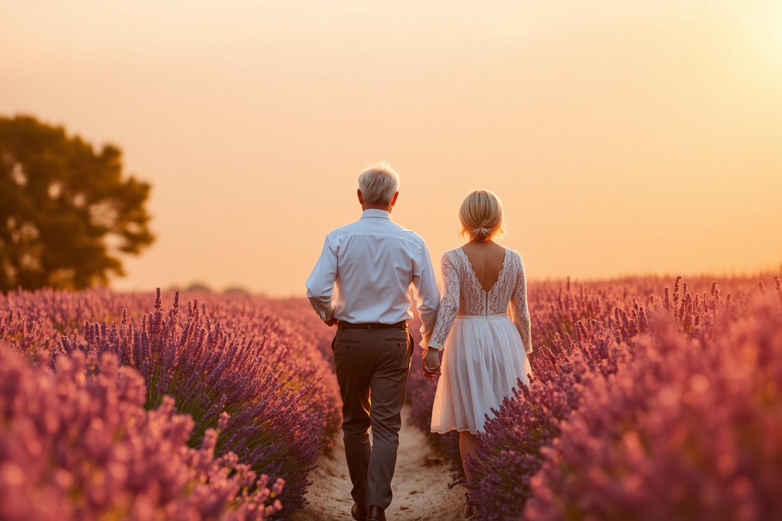 An older couple walking hand in hand through a lavender field at sunrise
